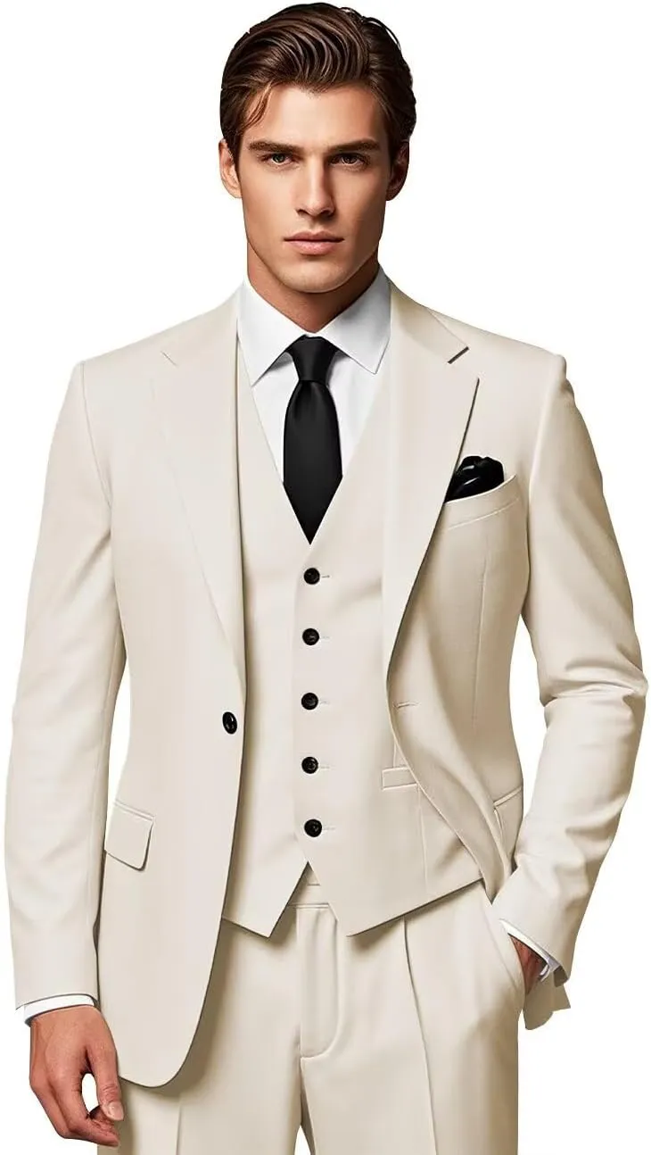 Men's 3 Piece Suits Slim Fit Wedding Prom Party Business Suit One Button Blazer Vest and Pants Tuxedo Set