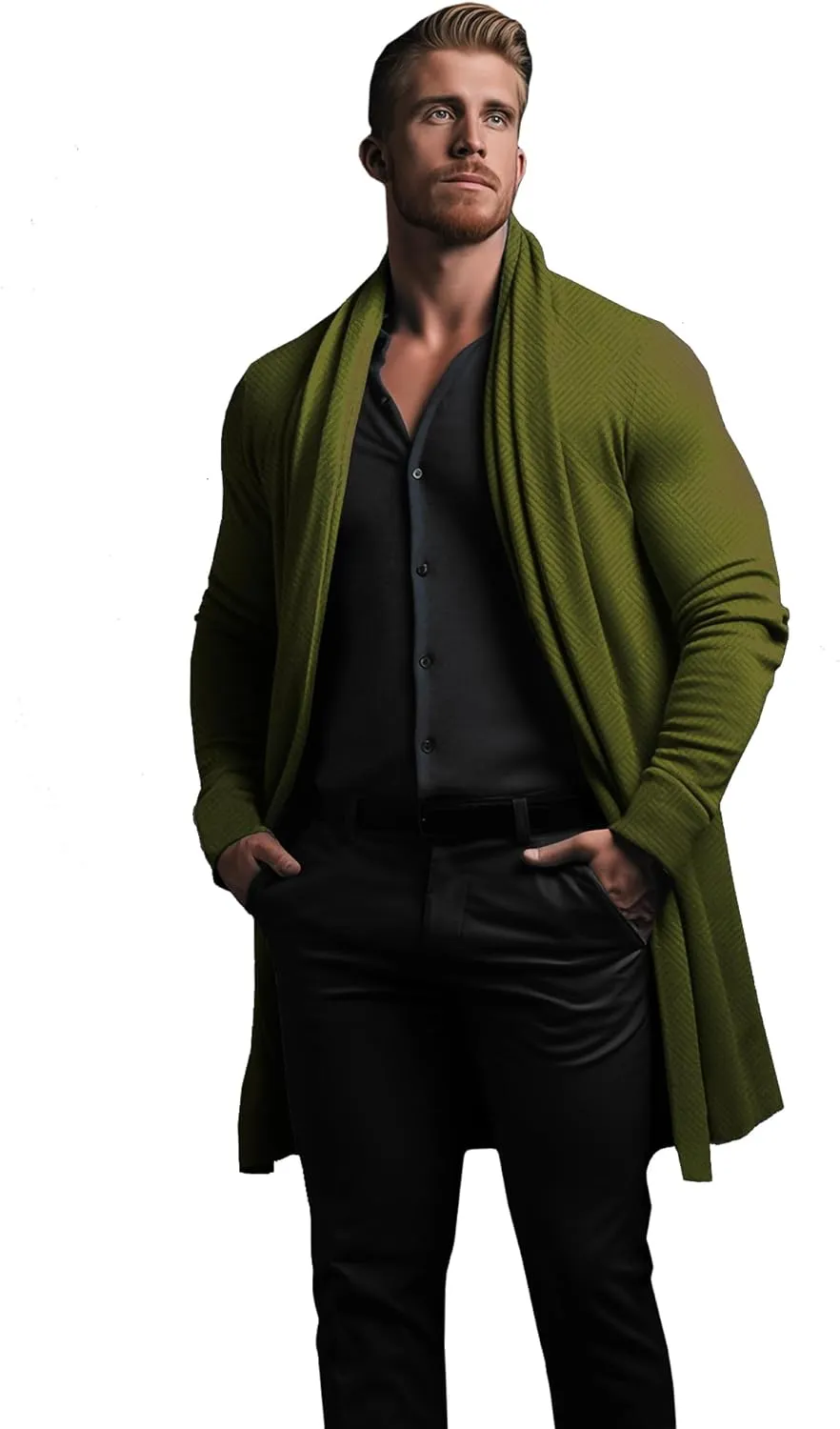 Mens Cardigan Texture Fashion Long Sleeve Shawl Casual Open Front Drape Cape Overcoat