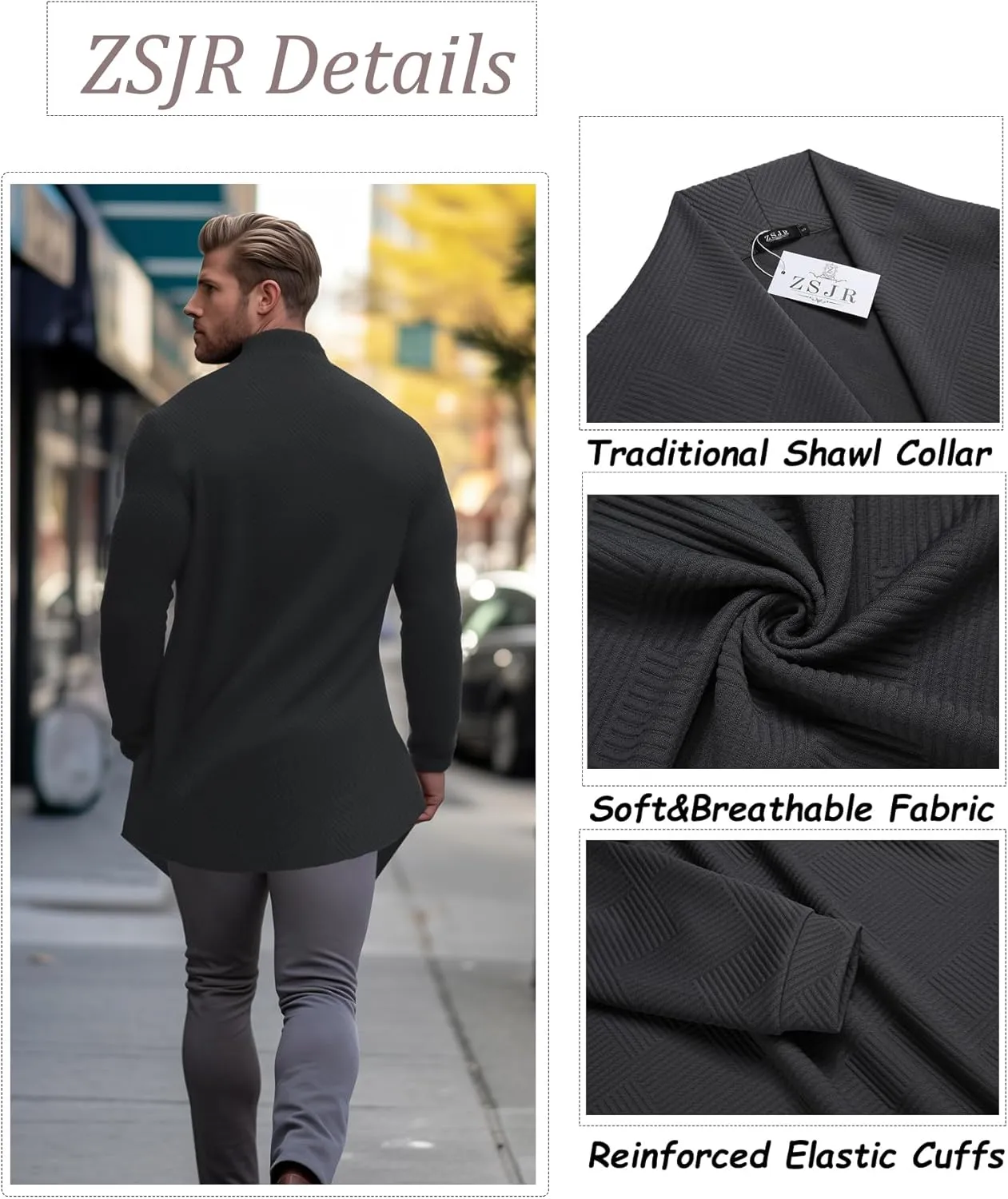 Mens Cardigan Texture Fashion Long Sleeve Shawl Casual Open Front Drape Cape Overcoat