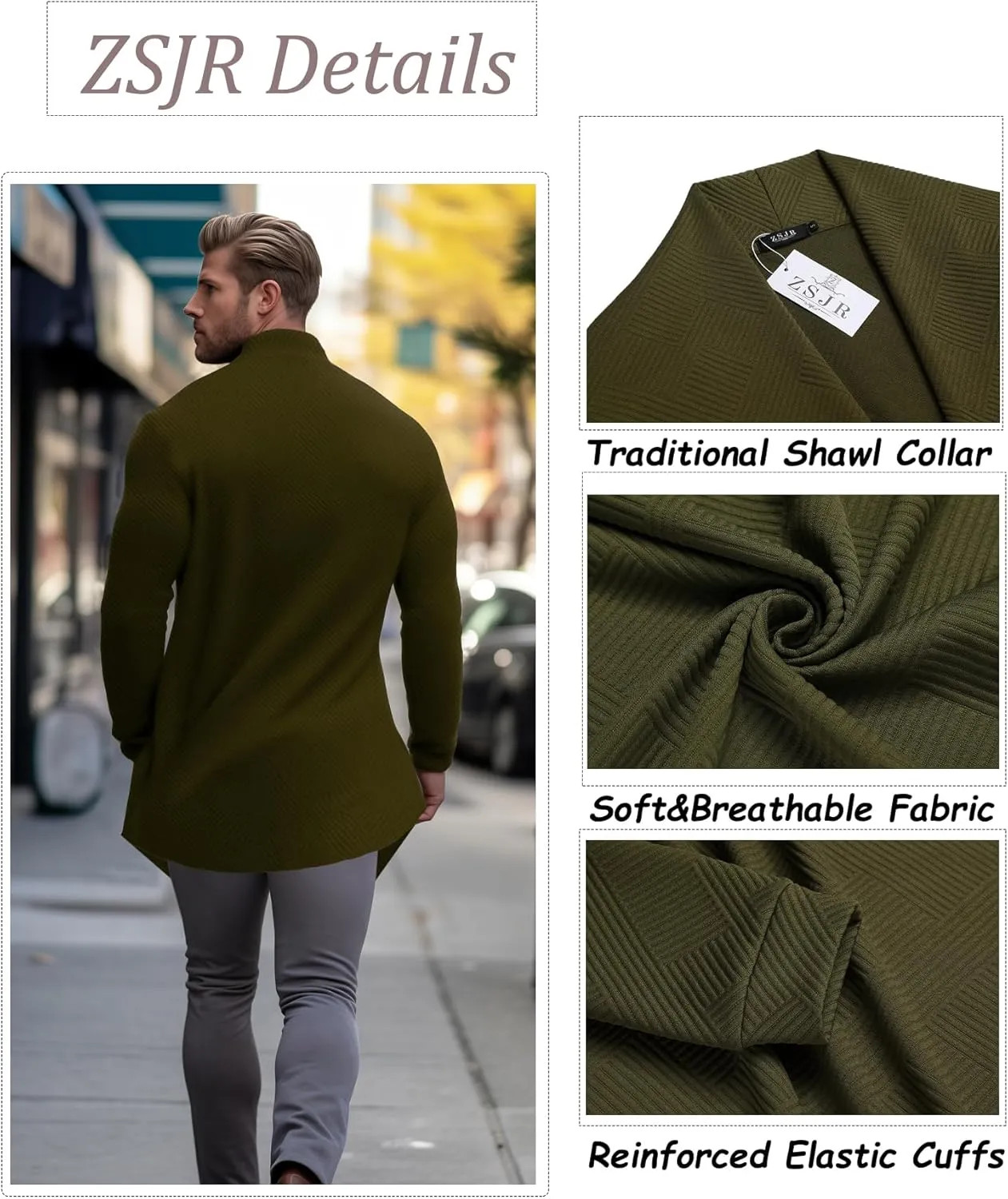 Mens Cardigan Texture Fashion Long Sleeve Shawl Casual Open Front Drape Cape Overcoat