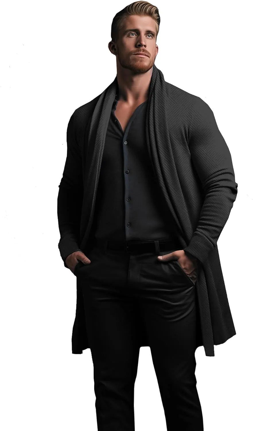 Mens Cardigan Texture Fashion Long Sleeve Shawl Casual Open Front Drape Cape Overcoat