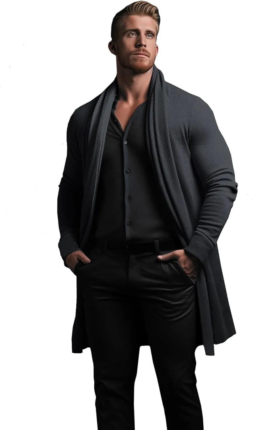 Mens Cardigan Texture Fashion Long Sleeve Shawl Casual Open Front Drape Cape Overcoat