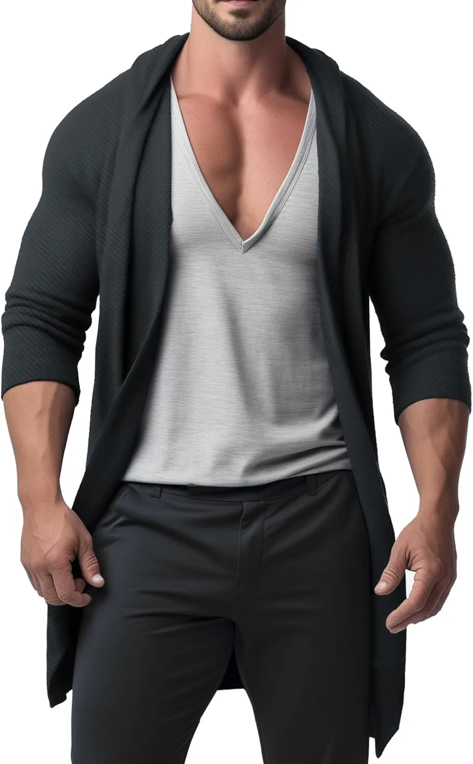 Mens Cardigan Texture Fashion Long Sleeve Shawl Casual Open Front Drape Cape Overcoat
