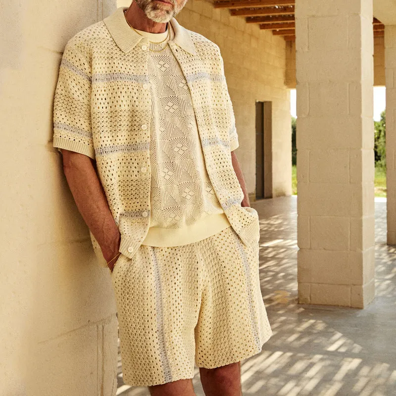Mens Knit Cardigan and Shorts Set  Relaxed Fit  Lightweight Open Knit  Button Front