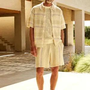 Mens Knit Cardigan and Shorts Set  Relaxed Fit  Lightweight Open Knit  Button Front