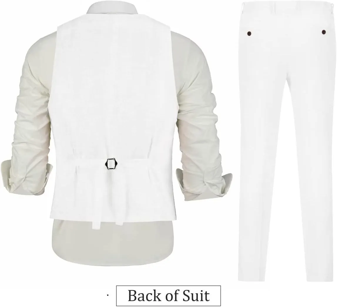 Men's Linen 2 Piece Suit Slim Fit Wedding Groomsmen Tuxedos Summer Beach Prom Vest Pants Set