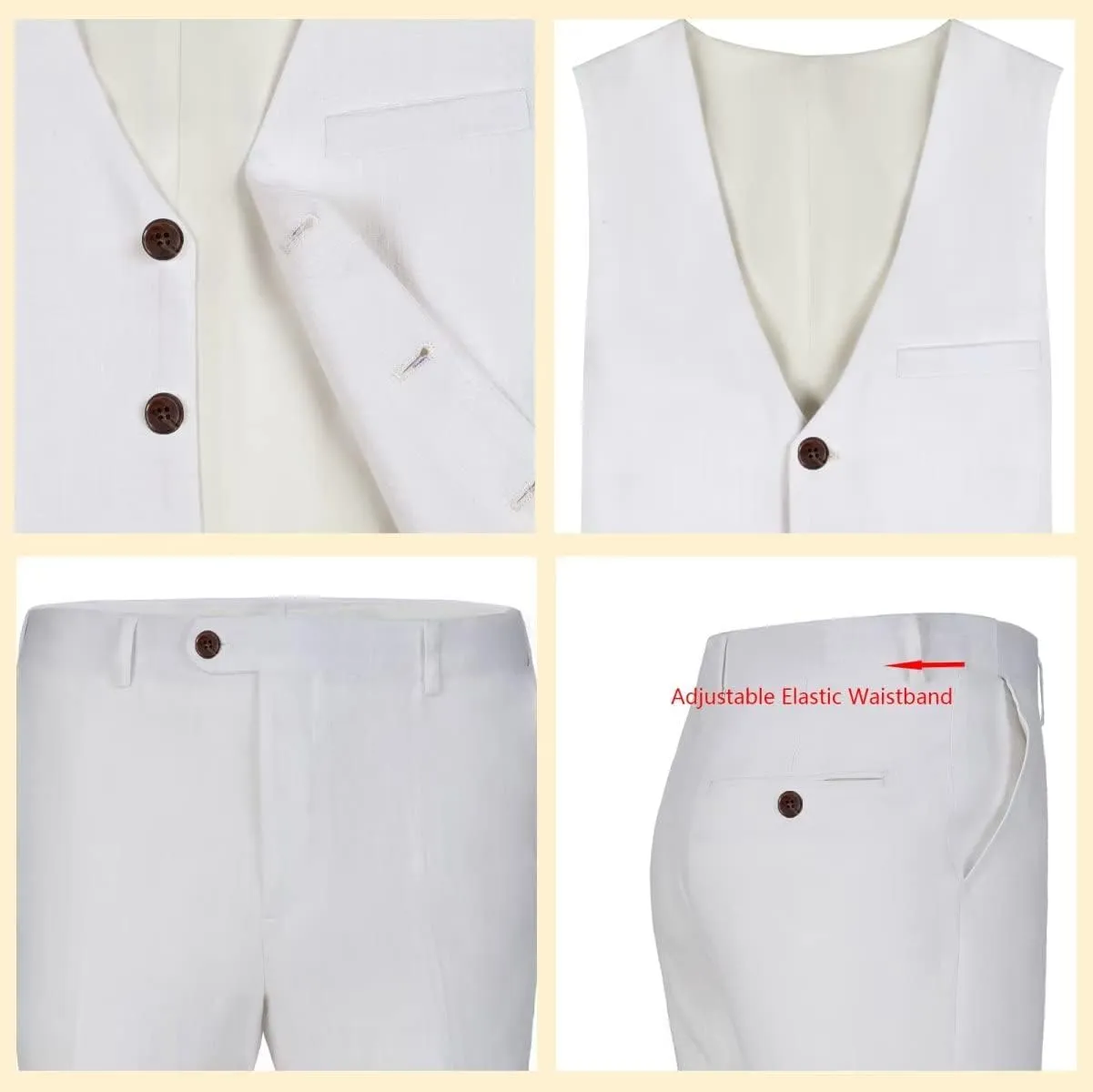 Men's Linen 2 Piece Suit Slim Fit Wedding Groomsmen Tuxedos Summer Beach Prom Vest Pants Set