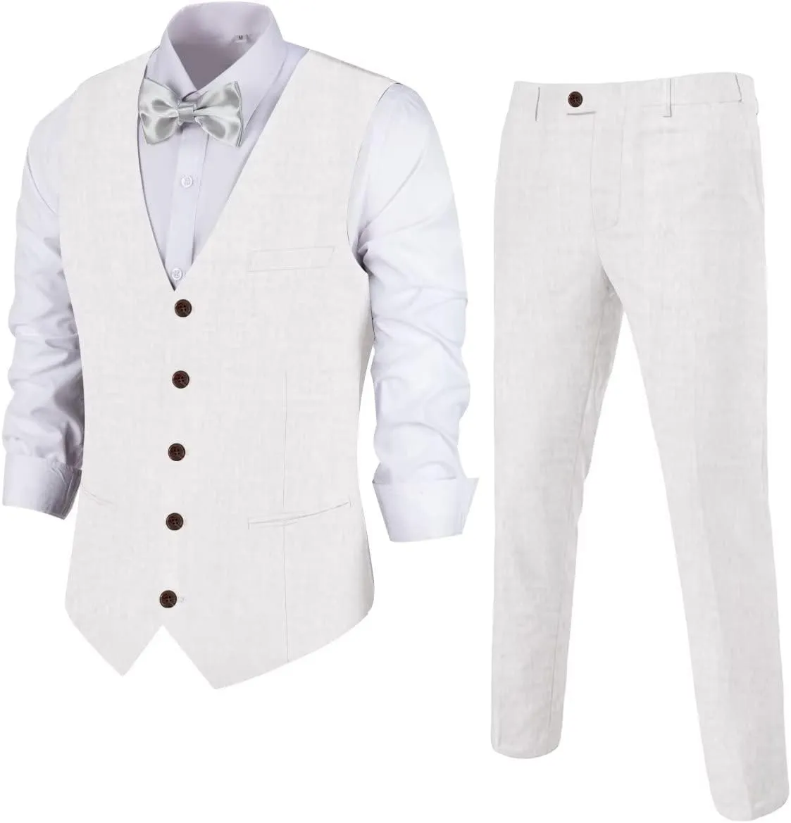 Men's Linen 2 Piece Suit Slim Fit Wedding Groomsmen Tuxedos Summer Beach Prom Vest Pants Set