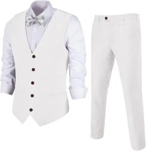 Men's Linen 2 Piece Suit Slim Fit Wedding Groomsmen Tuxedos Summer Beach Prom Vest Pants Set