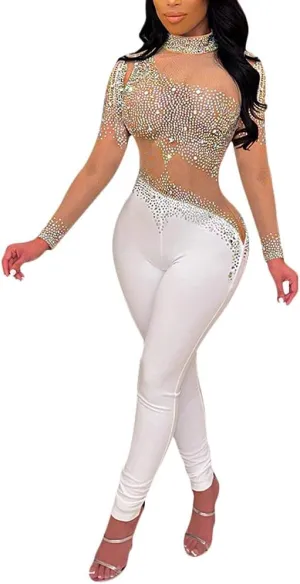 MESLIMA Women's Sexy Mesh Patchwork Sequin Rhinestone Jumpsuit One Shoulder Backless Bodycon Club Bodysuit