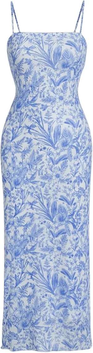 Milumia Women's Floral Print Camisole Dress Backless Bodycon Long Dresses