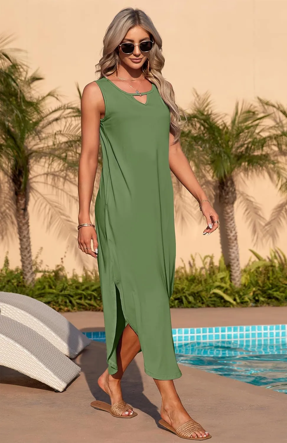 MISFAY Women's Summer Maxi Dress Sleeveless Loose Long Beach Split Dresses with Pockets