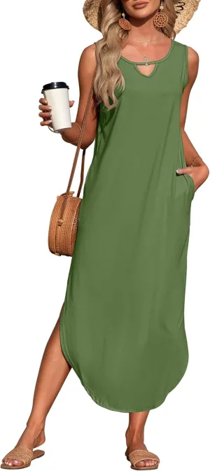 MISFAY Women's Summer Maxi Dress Sleeveless Loose Long Beach Split Dresses with Pockets