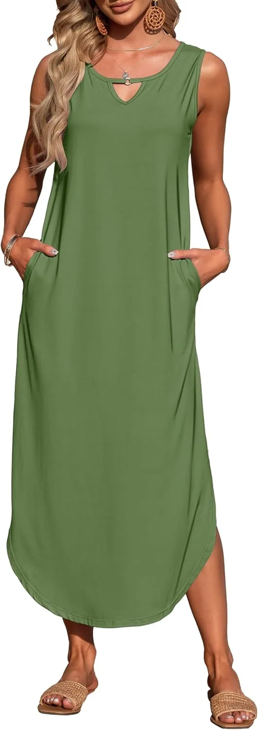 MISFAY Women's Summer Maxi Dress Sleeveless Loose Long Beach Split Dresses with Pockets