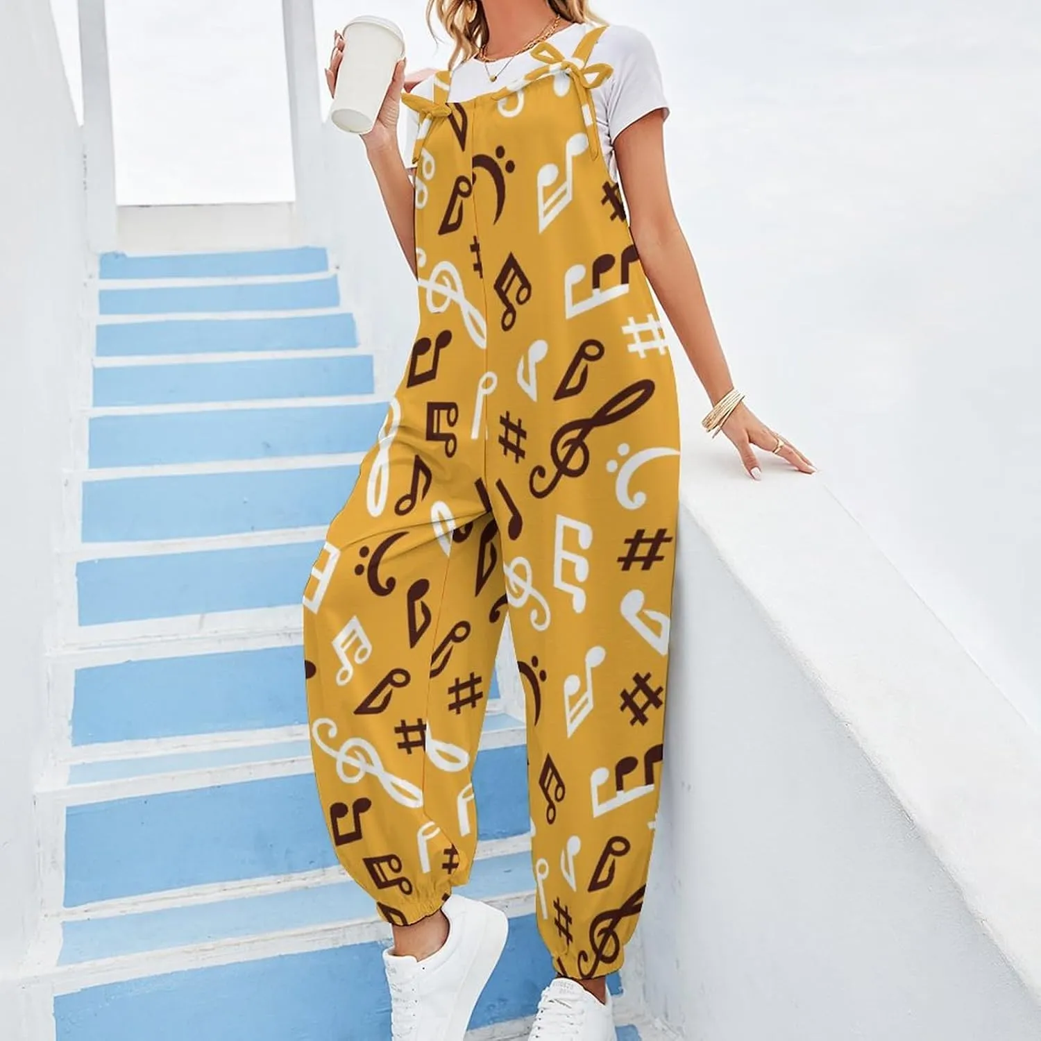 Music Notes Women's Jumpsuit Sleeveless Casual Baggy Suspender Romper Harem Pants