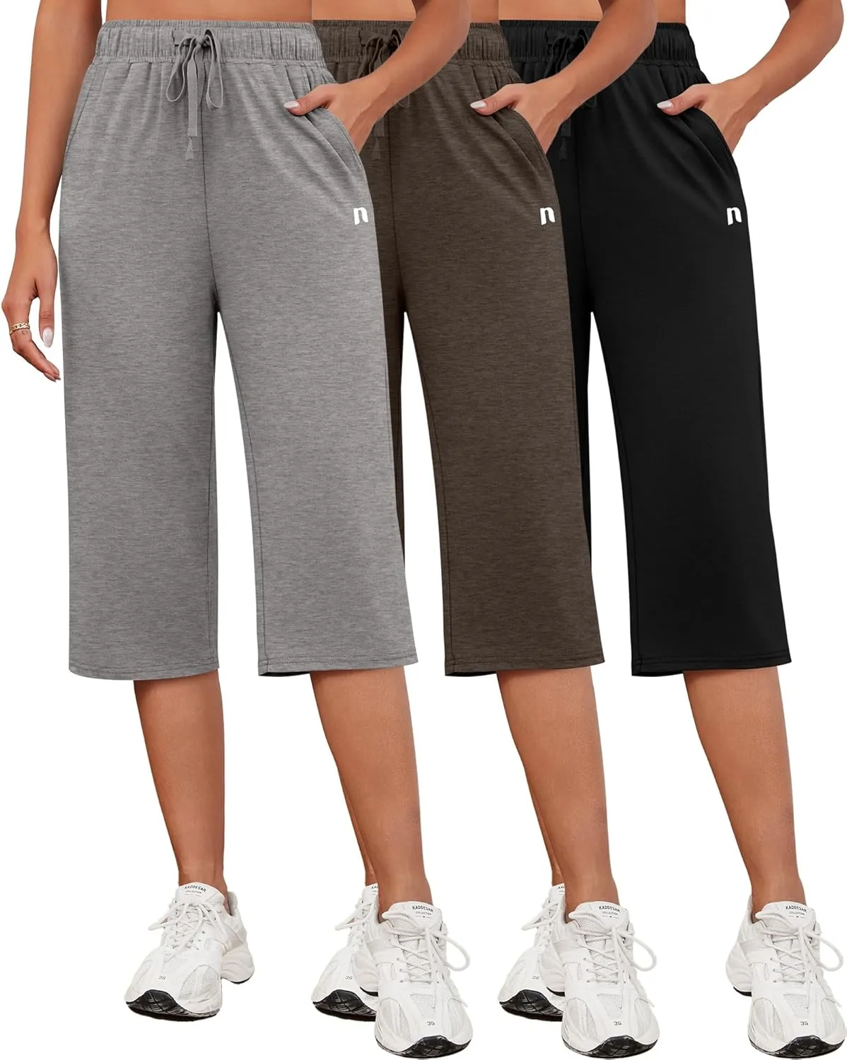 Neer 3 Pack Women's Capri Pants, Cotton Wide Leg Basic Sweatpants Lounge Loose Fit Casual Drawstring Yoga Capris with Pockets
