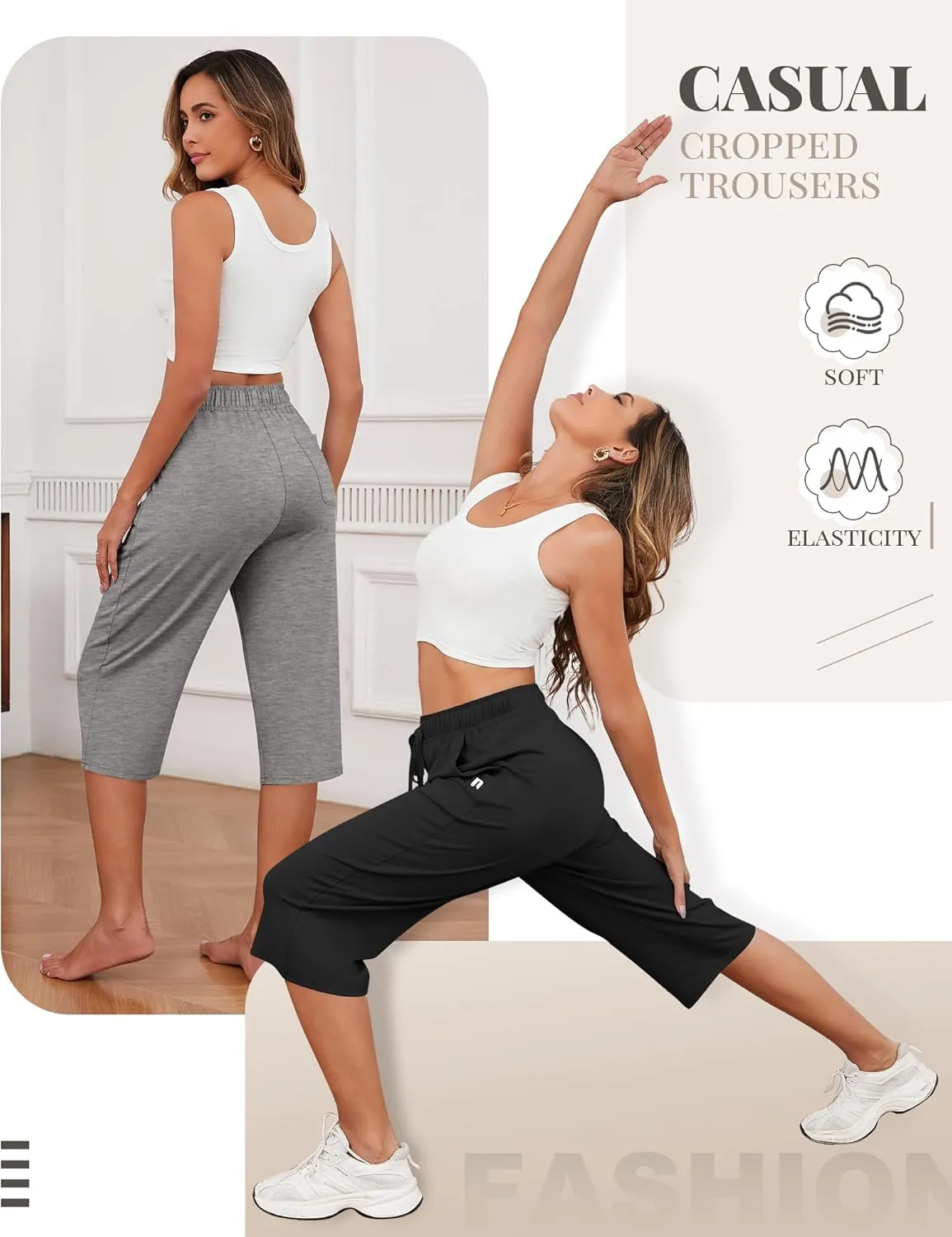 Neer 3 Pack Women's Capri Pants, Cotton Wide Leg Basic Sweatpants Lounge Loose Fit Casual Drawstring Yoga Capris with Pockets