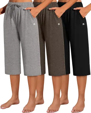Neer 3 Pack Women's Capri Pants, Cotton Wide Leg Basic Sweatpants Lounge Loose Fit Casual Drawstring Yoga Capris with Pockets