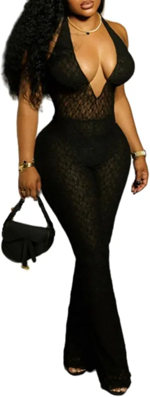 NIFTRIRY Womens Jumpsuit See Through Lace Jumpsuit for Women V Neck Sleeveless Black Jumpsuit Sexy Outfits