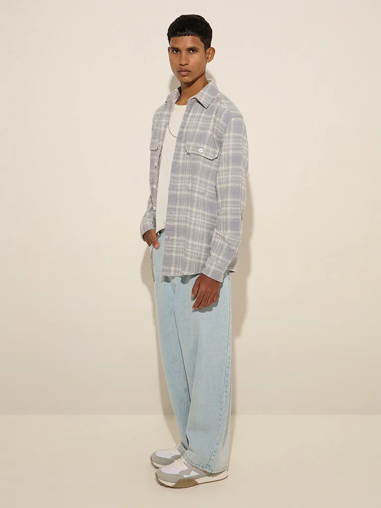 Nuon Light Grey Checkered Relaxed-Fit Cotton Shirt