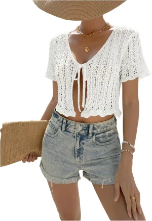 OYOANGLE Women's Crochet Knit Tie Front Crop Top Hollow Out Short Sleeve Cardigan Sweater