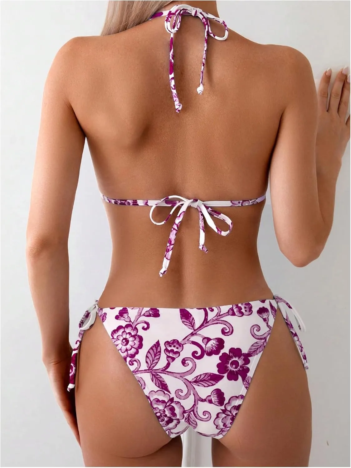 OYOANGLE Women's Floral Print Halter Neck One Piece Swimsuits Cut Out tie Backless Bathing Suit Beach Monokini