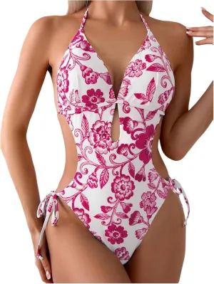 OYOANGLE Women's Floral Print Halter Neck One Piece Swimsuits Cut Out tie Backless Bathing Suit Beach Monokini