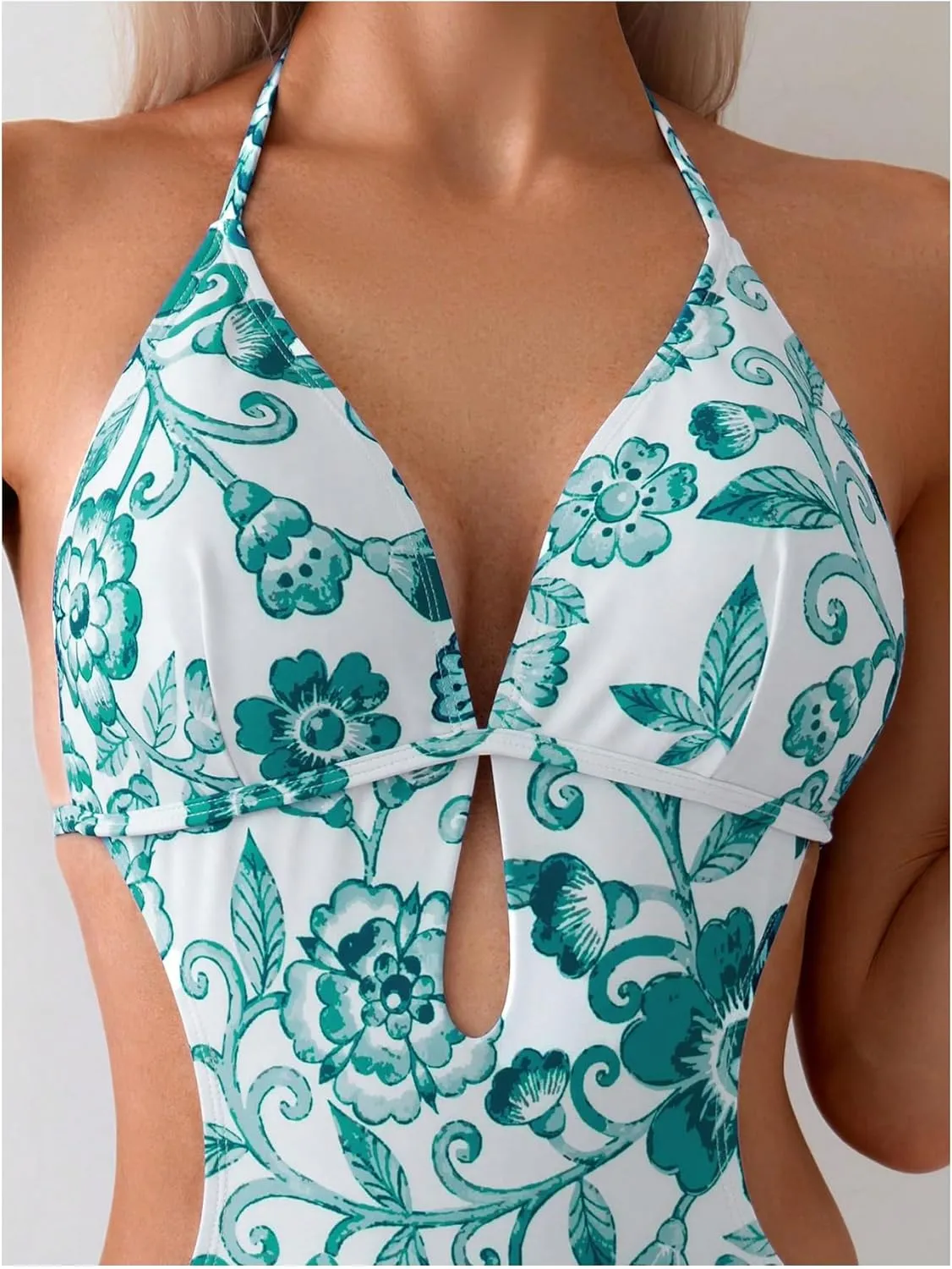 OYOANGLE Women's Floral Print Halter Neck One Piece Swimsuits Cut Out tie Backless Bathing Suit Beach Monokini