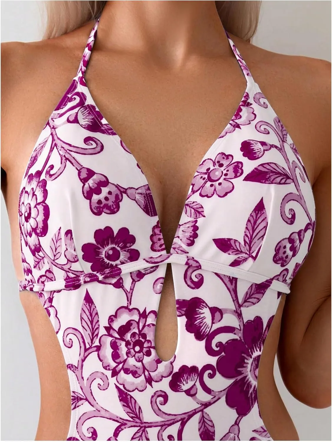 OYOANGLE Women's Floral Print Halter Neck One Piece Swimsuits Cut Out tie Backless Bathing Suit Beach Monokini