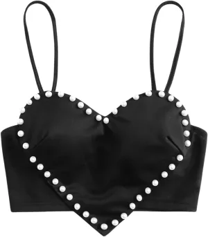 OYOANGLE Women's Pearls Trim Asymmetrical Hem Cami Crop Top Sleeveless Backless Spaghetti Strap Camisole