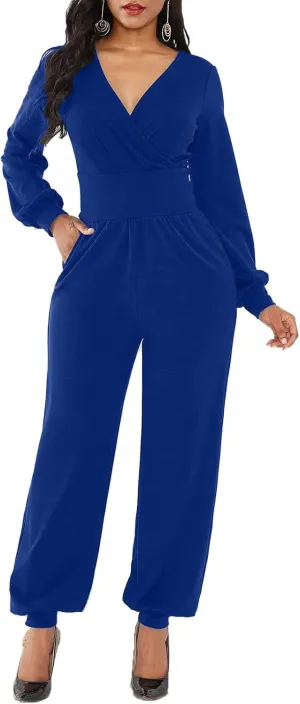 PaladMom Women's Elegant Long Sleeves Work Loose Wide Leg Pants Clubwear Party Dressy Jumpsuits