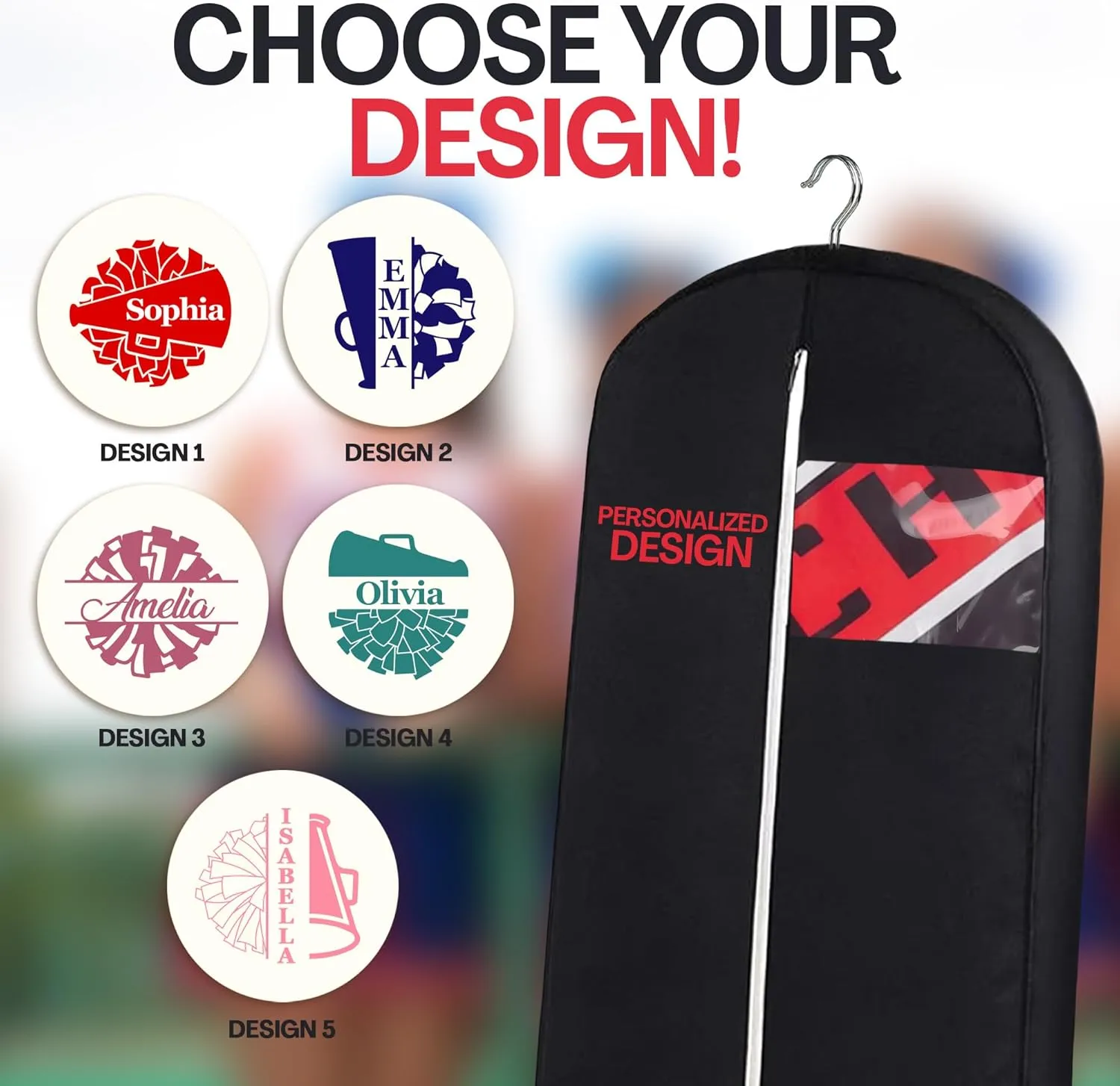 Personalized Garment bag for Cheer Uniform With Name -Custom Breathable Black Bags With 2 Mesh Pockets for Cheerleader Uniform, Ideal for Cheerleader Gifts, Custom Dress Cover Bag with Carry Handles