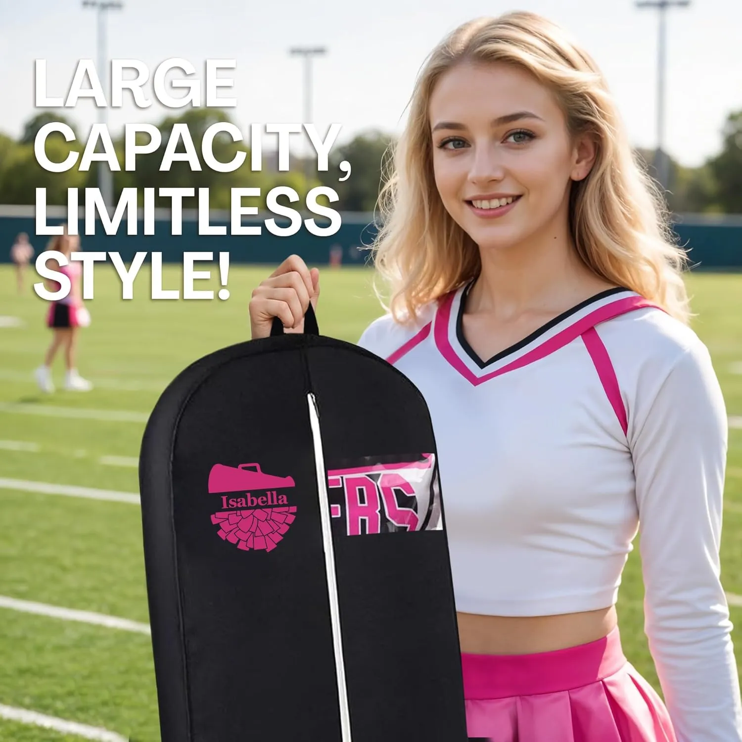 Personalized Garment bag for Cheer Uniform With Name -Custom Breathable Black Bags With 2 Mesh Pockets for Cheerleader Uniform, Ideal for Cheerleader Gifts, Custom Dress Cover Bag with Carry Handles