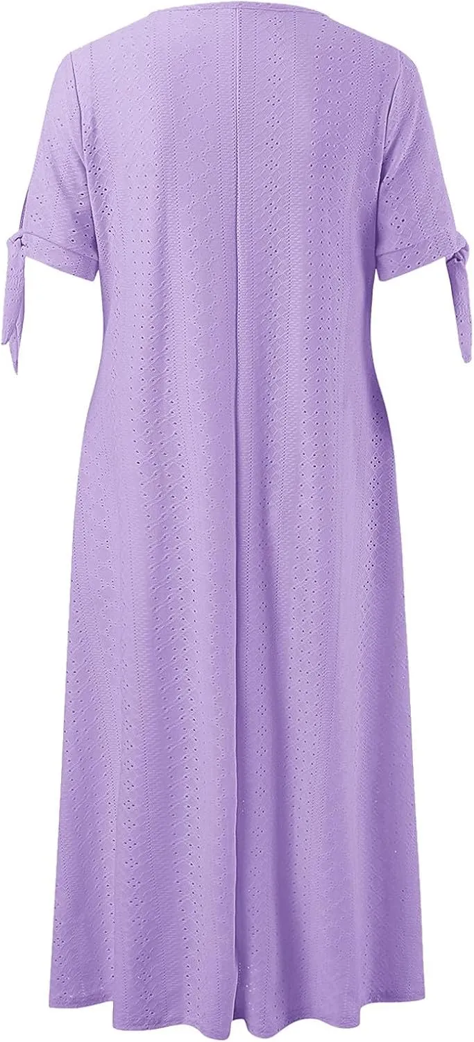 Photno Maxi Sundresses for Women 2025 Trendy Short Sleeve Eyelet Long Tshirt Dress Casual Summer Beach Vacation Hollow Dress