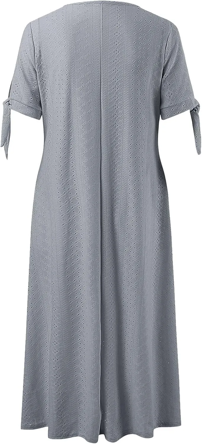 Photno Maxi Sundresses for Women 2025 Trendy Short Sleeve Eyelet Long Tshirt Dress Casual Summer Beach Vacation Hollow Dress