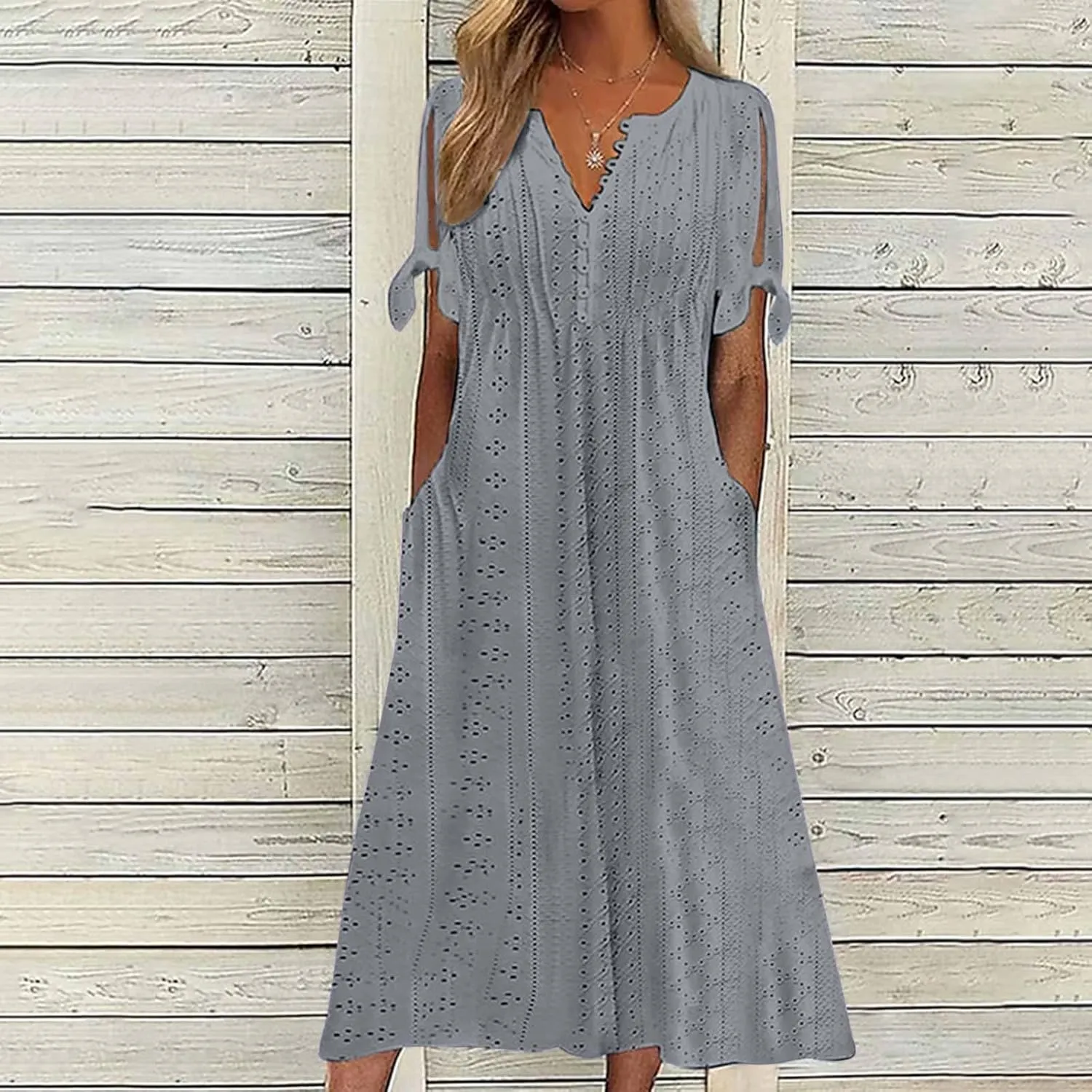 Photno Maxi Sundresses for Women 2025 Trendy Short Sleeve Eyelet Long Tshirt Dress Casual Summer Beach Vacation Hollow Dress