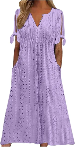 Photno Maxi Sundresses for Women 2025 Trendy Short Sleeve Eyelet Long Tshirt Dress Casual Summer Beach Vacation Hollow Dress