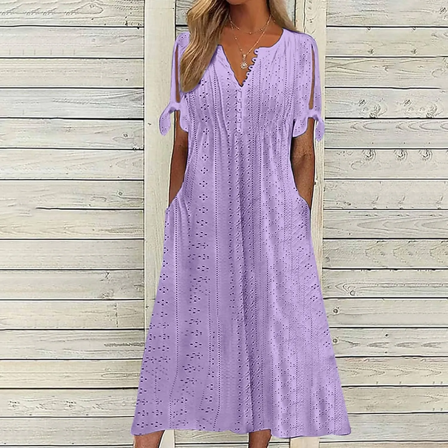 Photno Maxi Sundresses for Women 2025 Trendy Short Sleeve Eyelet Long Tshirt Dress Casual Summer Beach Vacation Hollow Dress