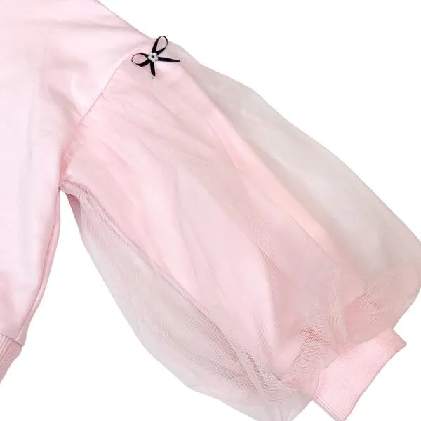 Pink Mesh Sleeves Bowtie Top