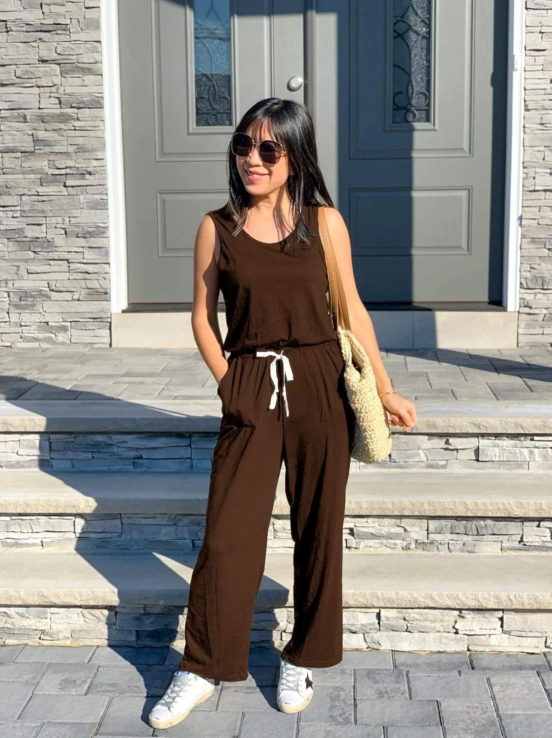 PRETTYGARDEN One Piece Jumpsuits for Women 2025 Summer Casual Drawstring Sleeveless Tank Romper Beach Vacation Outfits
