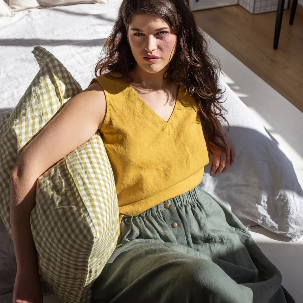 R: PRAGUE-2 swing linen tank top (Size: M/L; Color: Vintage Green)