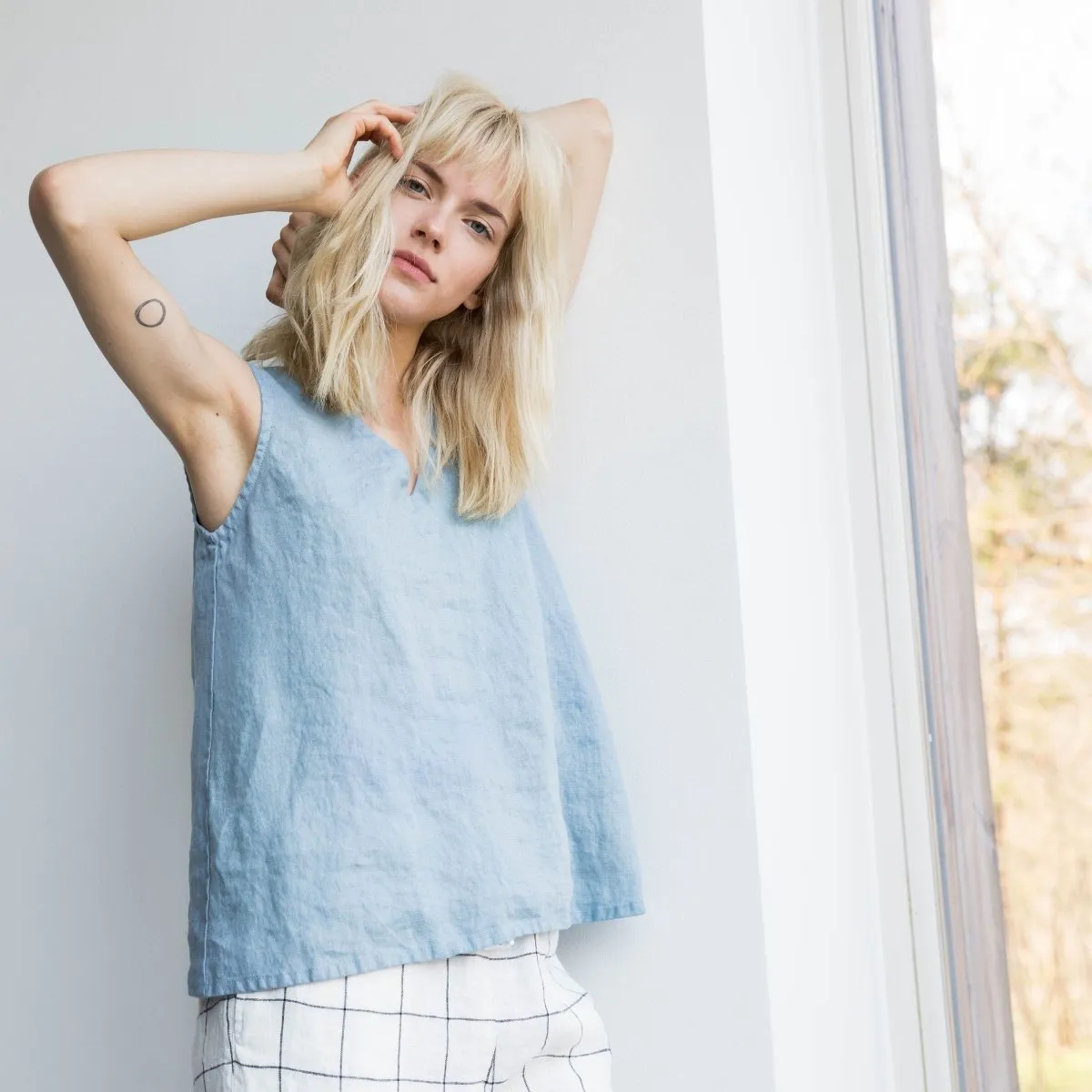 R: PRAGUE-2 swing linen tank top (Size: M/L; Color: Vintage Green)