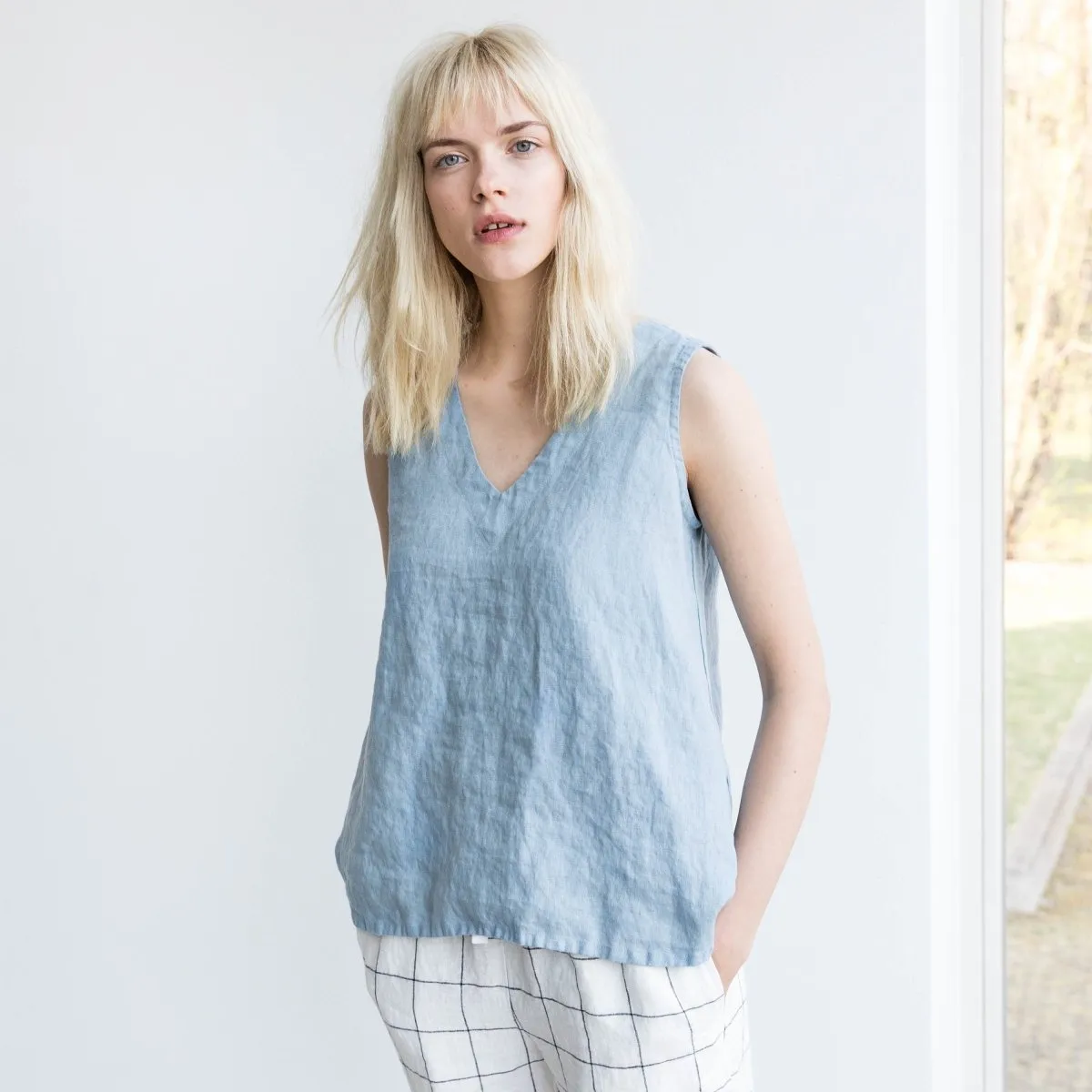 R: PRAGUE-2 swing linen tank top (Size: M/L; Color: Vintage Green)