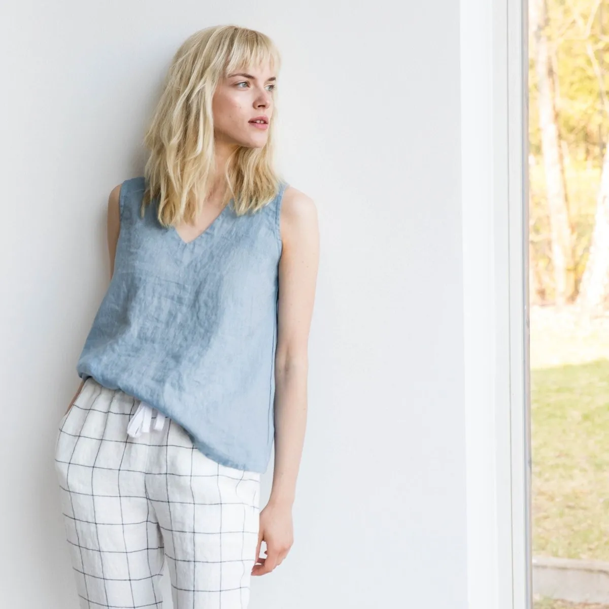 R: PRAGUE-2 swing linen tank top (Size: M/L; Color: Vintage Green)