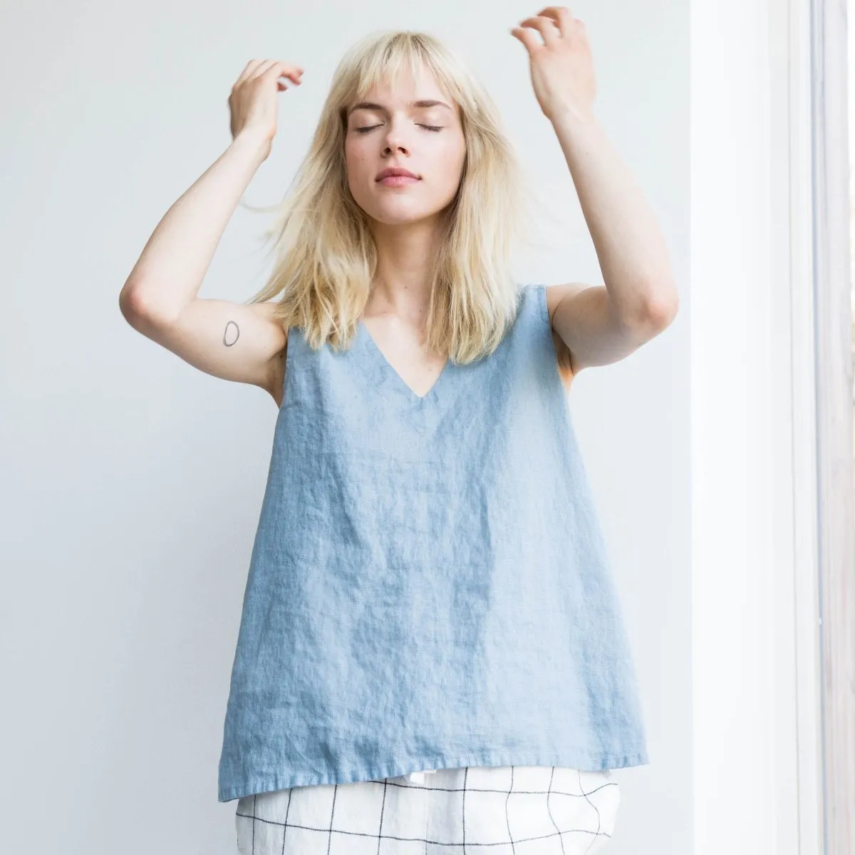R: PRAGUE-2 swing linen tank top (Size: M/L; Color: Vintage Green)
