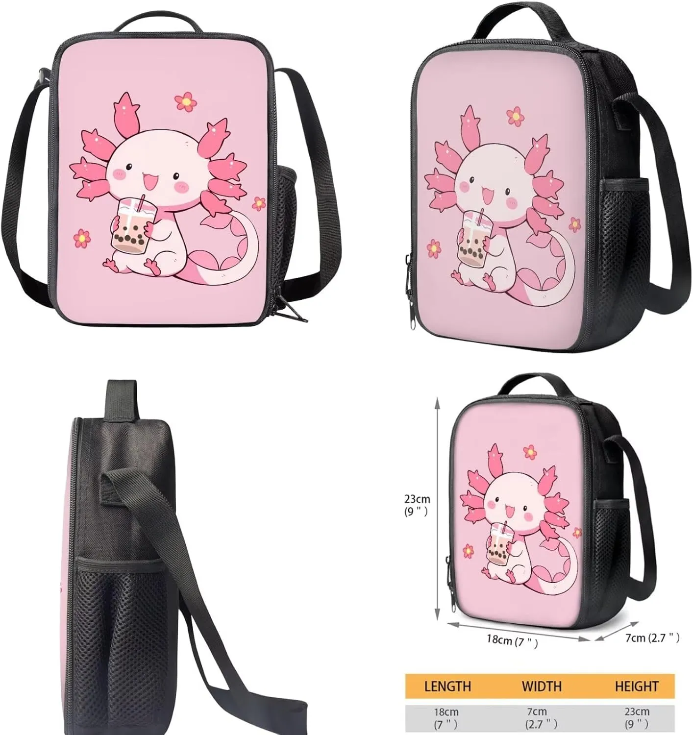 Renewold Axolotl Drinks Pink, Cute Kids Backpack Girls, Set 3 in 1 Children Teens Schoolbag Bookbag, School Book Bag with Breathable Padded Shoulder Straps, Matching with Lunch Bag Pencil Case
