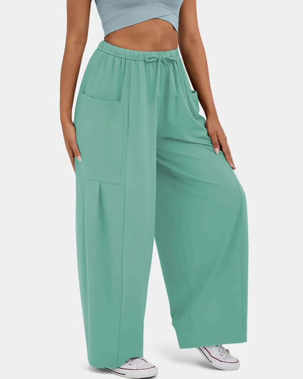 RINTONIX Womens Loose Drawstring High Waisted Wide Leg Harem Pants with Pockets Baggy Casual Summer Palazzo Sweatpants