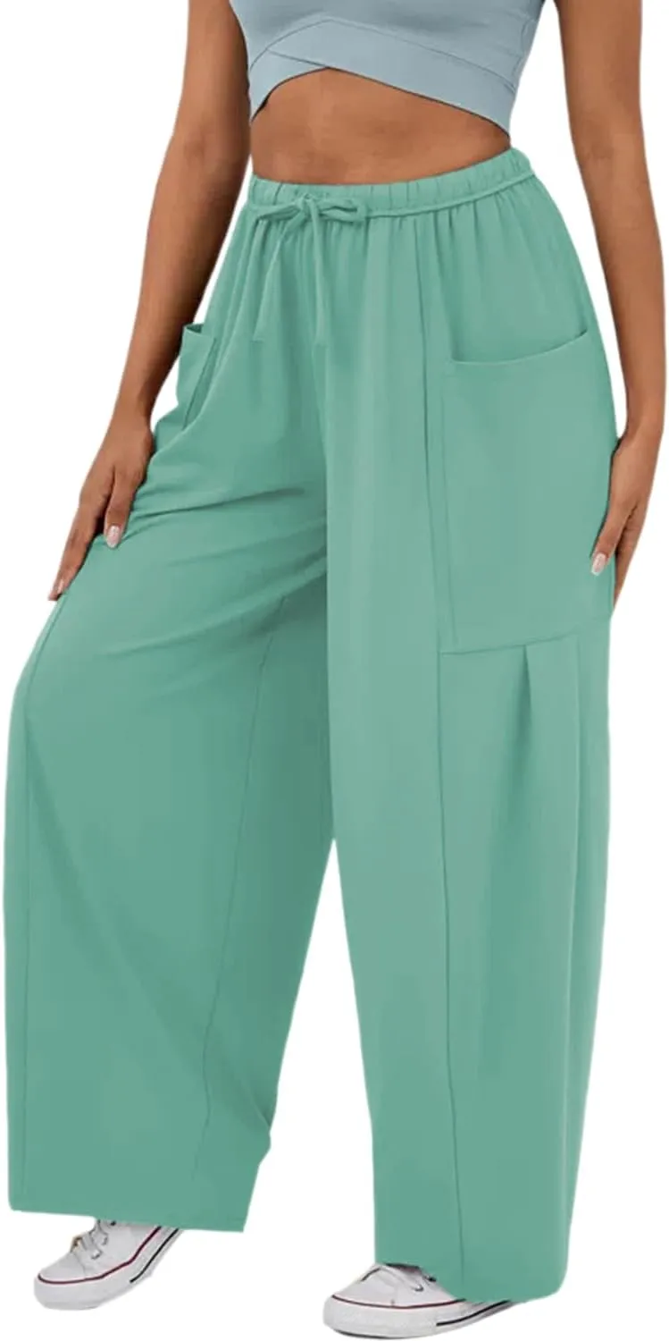 RINTONIX Womens Loose Drawstring High Waisted Wide Leg Harem Pants with Pockets Baggy Casual Summer Palazzo Sweatpants
