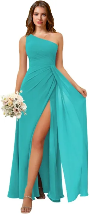 Rjer One Shoulder Bridesmaid Dresses for Women Long Ruched Chiffon A Line Formal Evening Dress with Slit