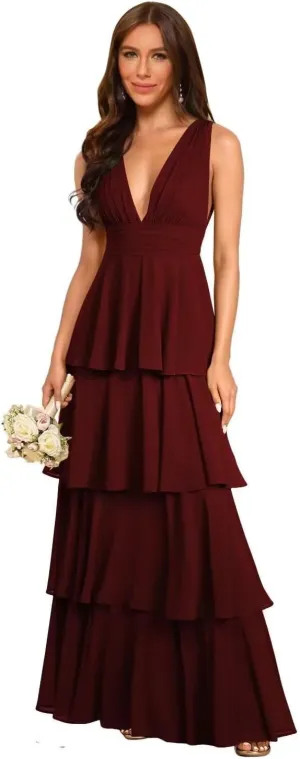 Rjer Tiered Bridesmaid Dresses 2025 Long Women Chiffon Formal Evening Dresses with Ruffles